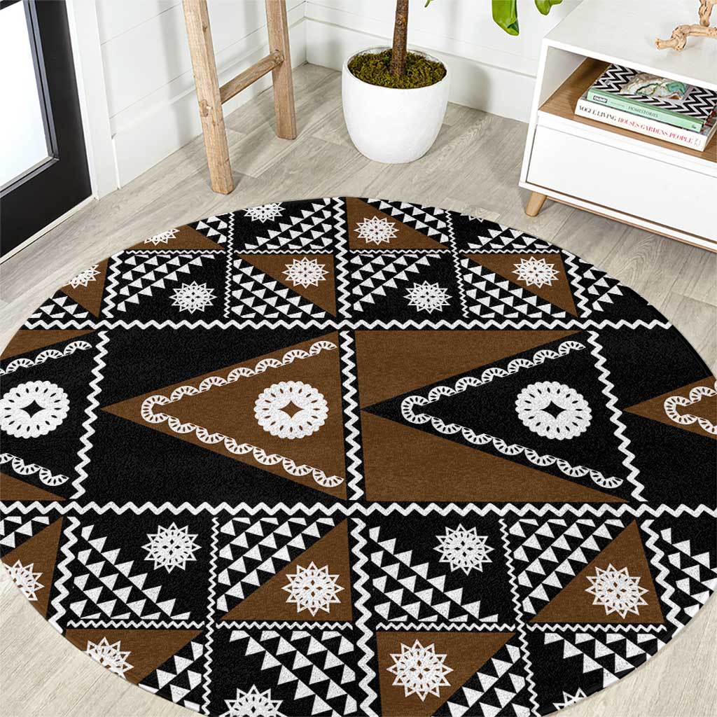 Fiji Brown Masi Pattern Round Carpet Fijian Tapa