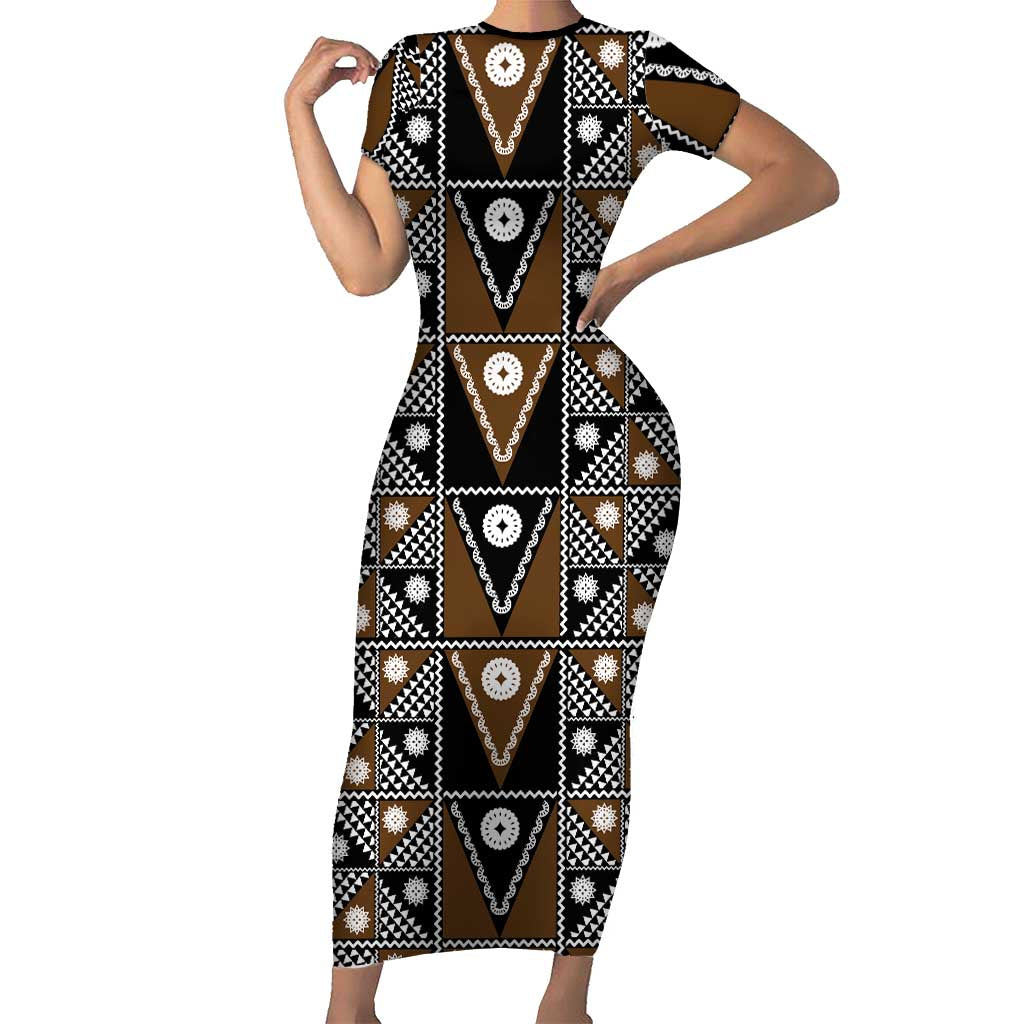 Fiji Brown Masi Pattern Short Sleeve Bodycon Dress Fijian Tapa