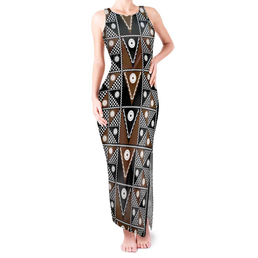 Fiji Brown Masi Pattern Tank Maxi Dress Fijian Tapa