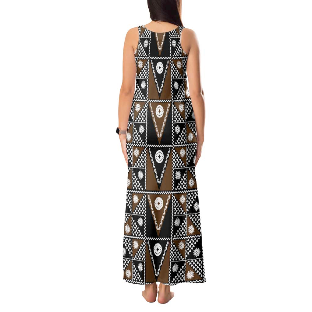 Fiji Brown Masi Pattern Tank Maxi Dress Fijian Tapa