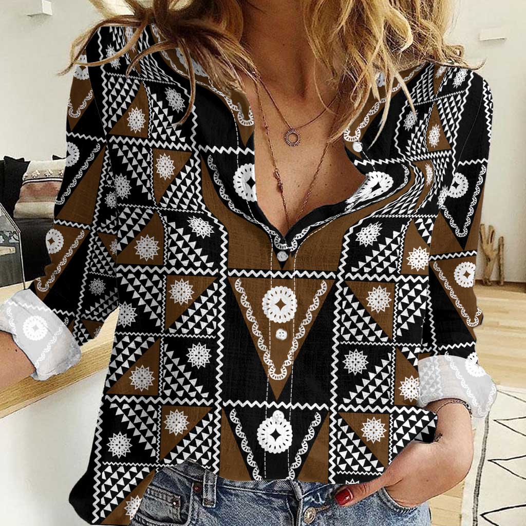 Fiji Brown Masi Pattern Women Casual Shirt Fijian Tapa
