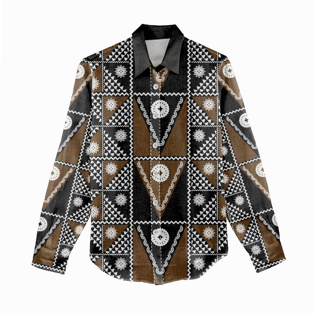 Fiji Brown Masi Pattern Women Casual Shirt Fijian Tapa