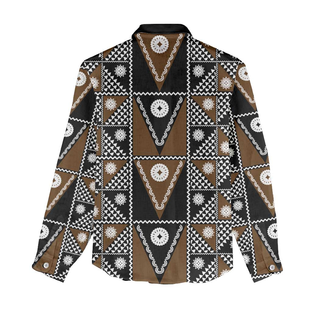Fiji Brown Masi Pattern Women Casual Shirt Fijian Tapa