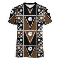 Fiji Brown Masi Pattern Women V-Neck T-Shirt Fijian Tapa LT01 Female Brown - Polynesian Pride
