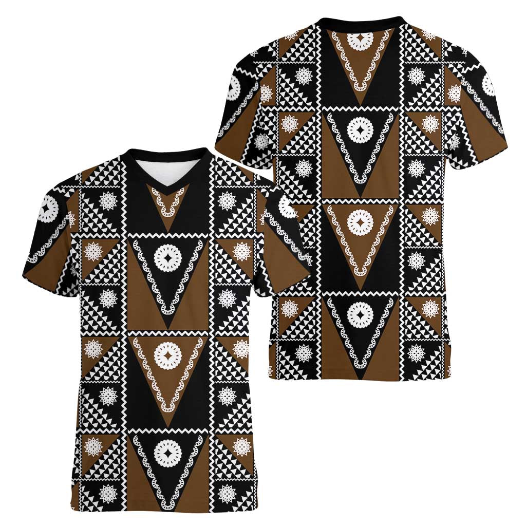 Fiji Brown Masi Pattern Women V-Neck T-Shirt Fijian Tapa LT01 - Polynesian Pride