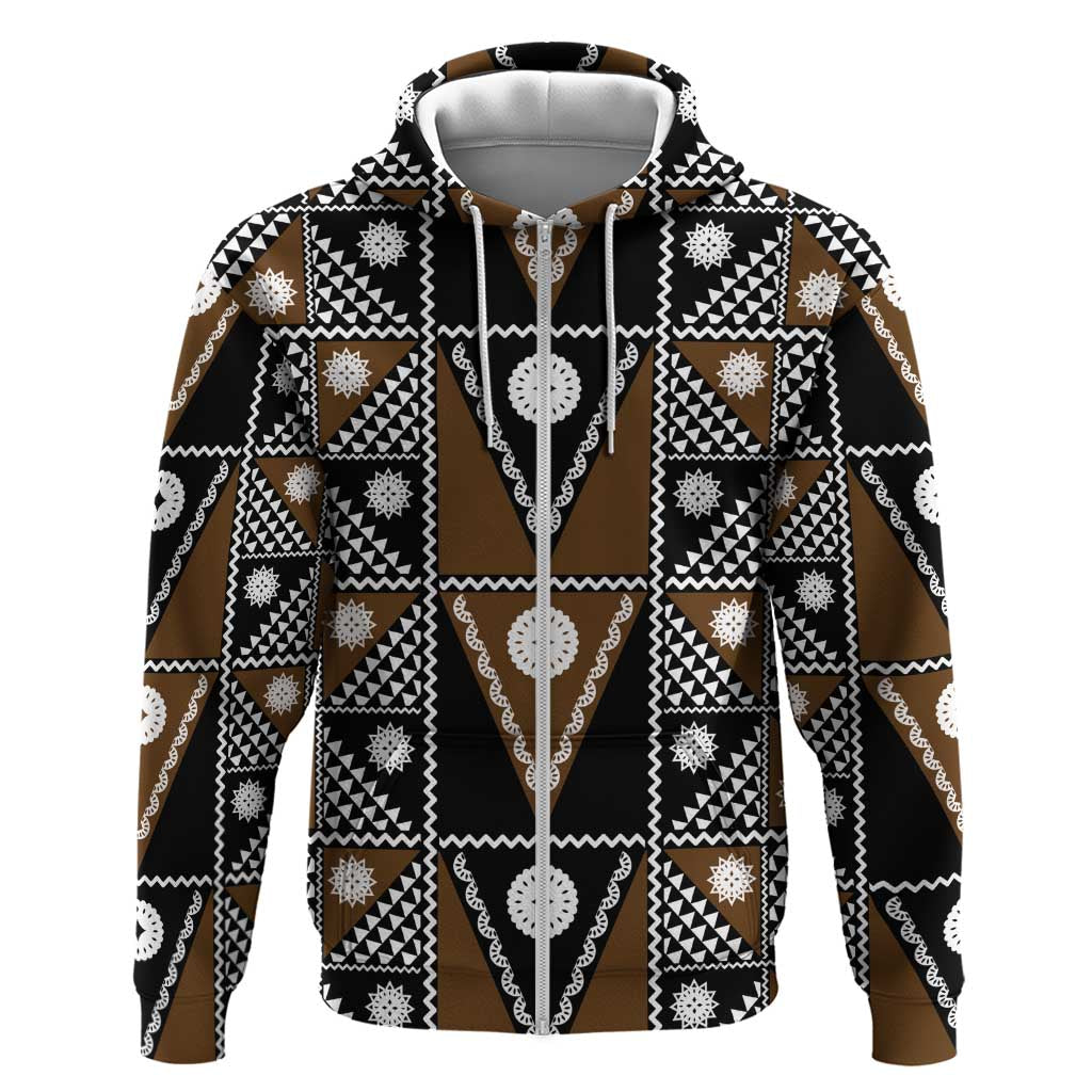 Fiji Brown Masi Pattern Zip Hoodie Fijian Tapa
