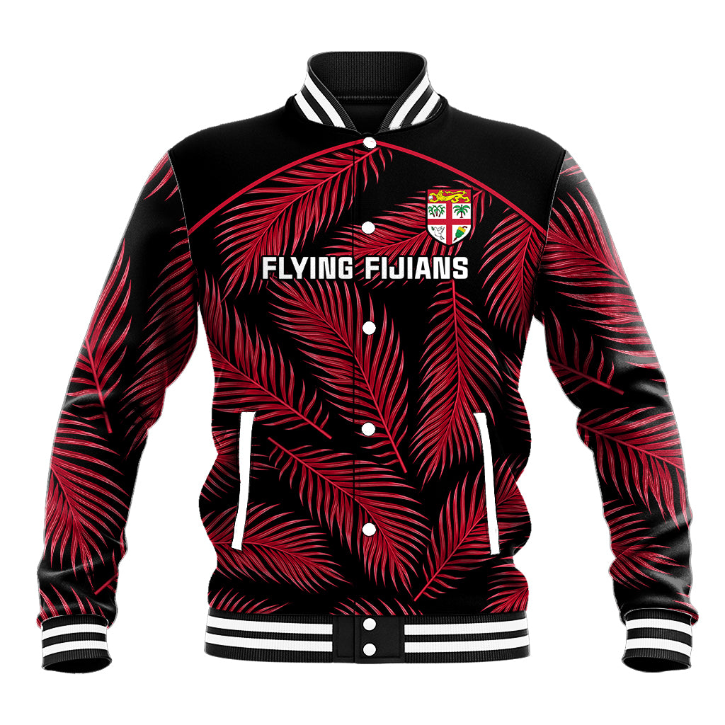 Fiji Rugby Baseball Jacket Flying Fijians Red Palm Tree Version LT01 Unisex Black - Polynesian Pride