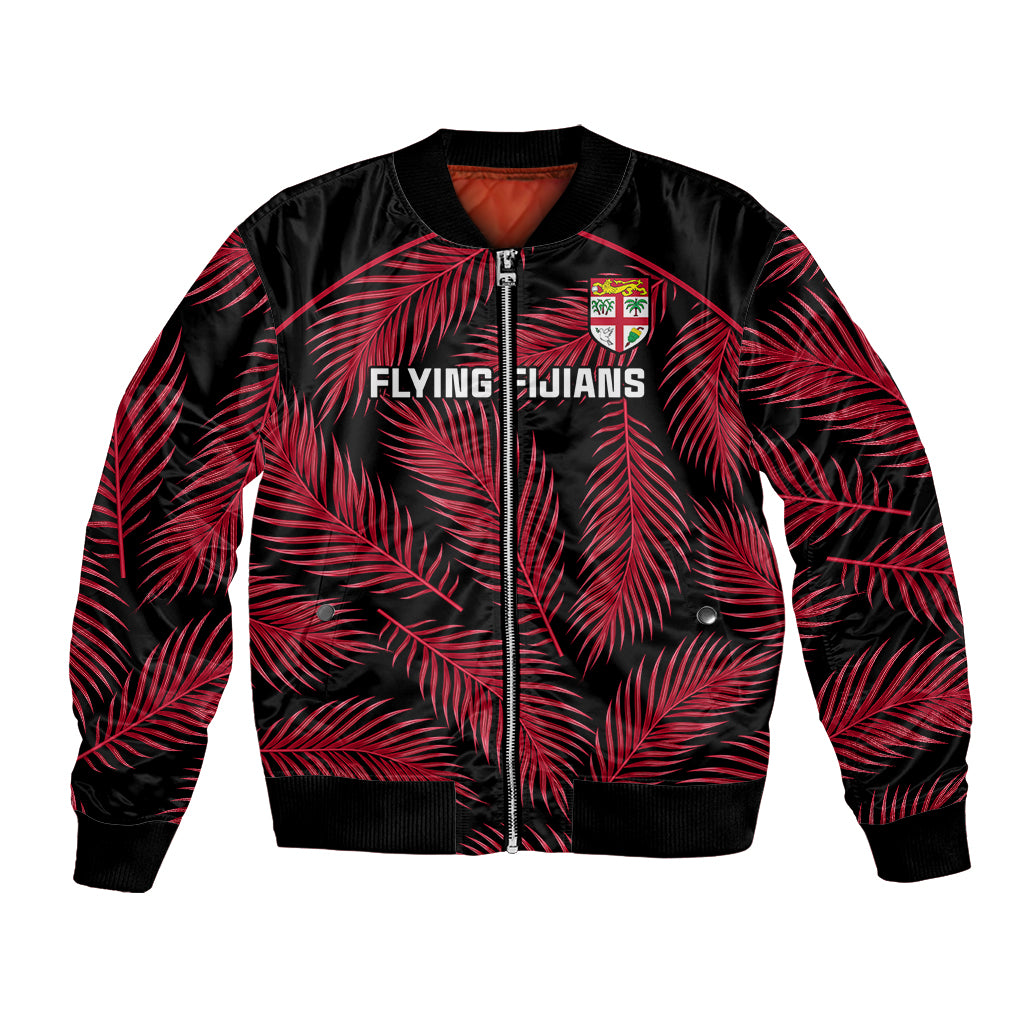 Fiji Rugby Bomber Jacket Flying Fijians Red Palm Tree Version LT01 Unisex Black - Polynesian Pride