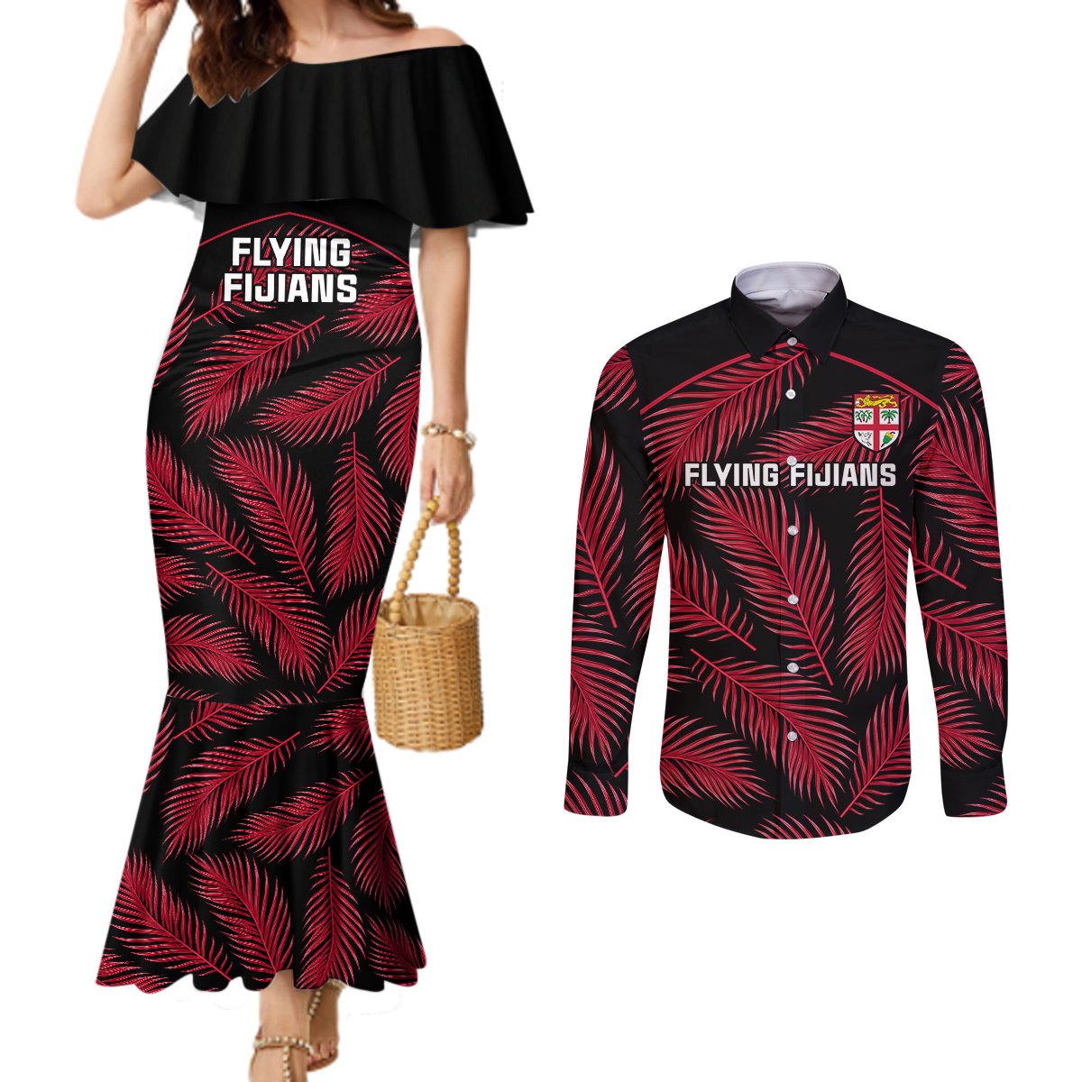 Fiji Rugby Couples Matching Mermaid Dress and Long Sleeve Button Shirts Flying Fijians Red Palm Tree Version LT01 Black - Polynesian Pride