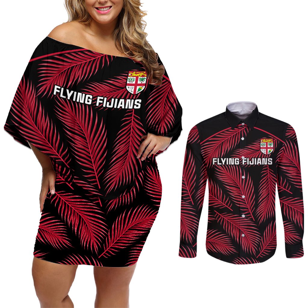 Fiji Rugby Couples Matching Off Shoulder Short Dress and Long Sleeve Button Shirts Flying Fijians Red Palm Tree Version LT01 Black - Polynesian Pride
