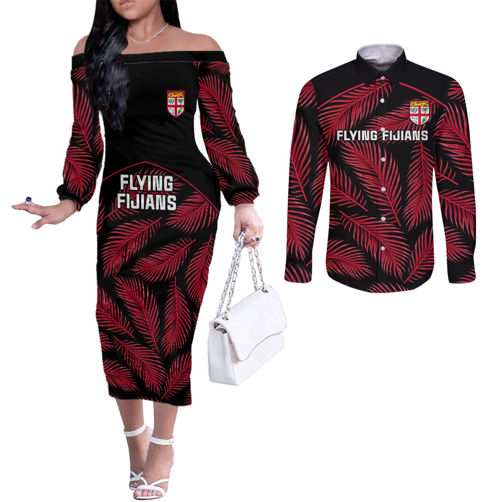 Fiji Rugby Couples Matching Off The Shoulder Long Sleeve Dress and Long Sleeve Button Shirts Flying Fijians Red Palm Tree Version LT01 Black - Polynesian Pride