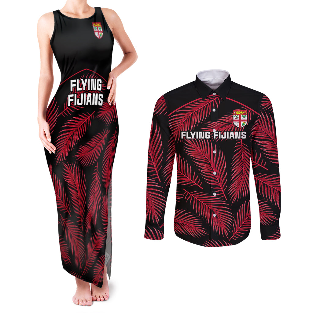 Fiji Rugby Couples Matching Tank Maxi Dress and Long Sleeve Button Shirts Flying Fijians Red Palm Tree Version LT01 Black - Polynesian Pride