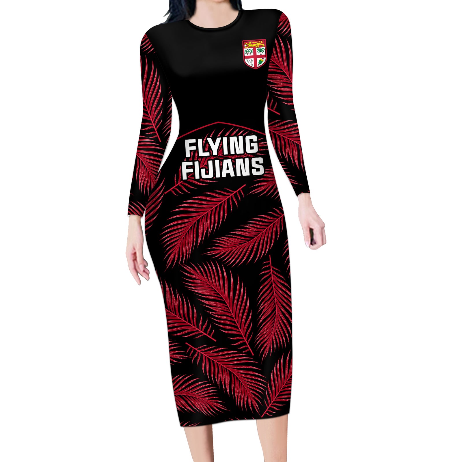 Fiji Rugby Long Sleeve Bodycon Dress Flying Fijians Red Palm Tree Version LT01 Long Dress Black - Polynesian Pride