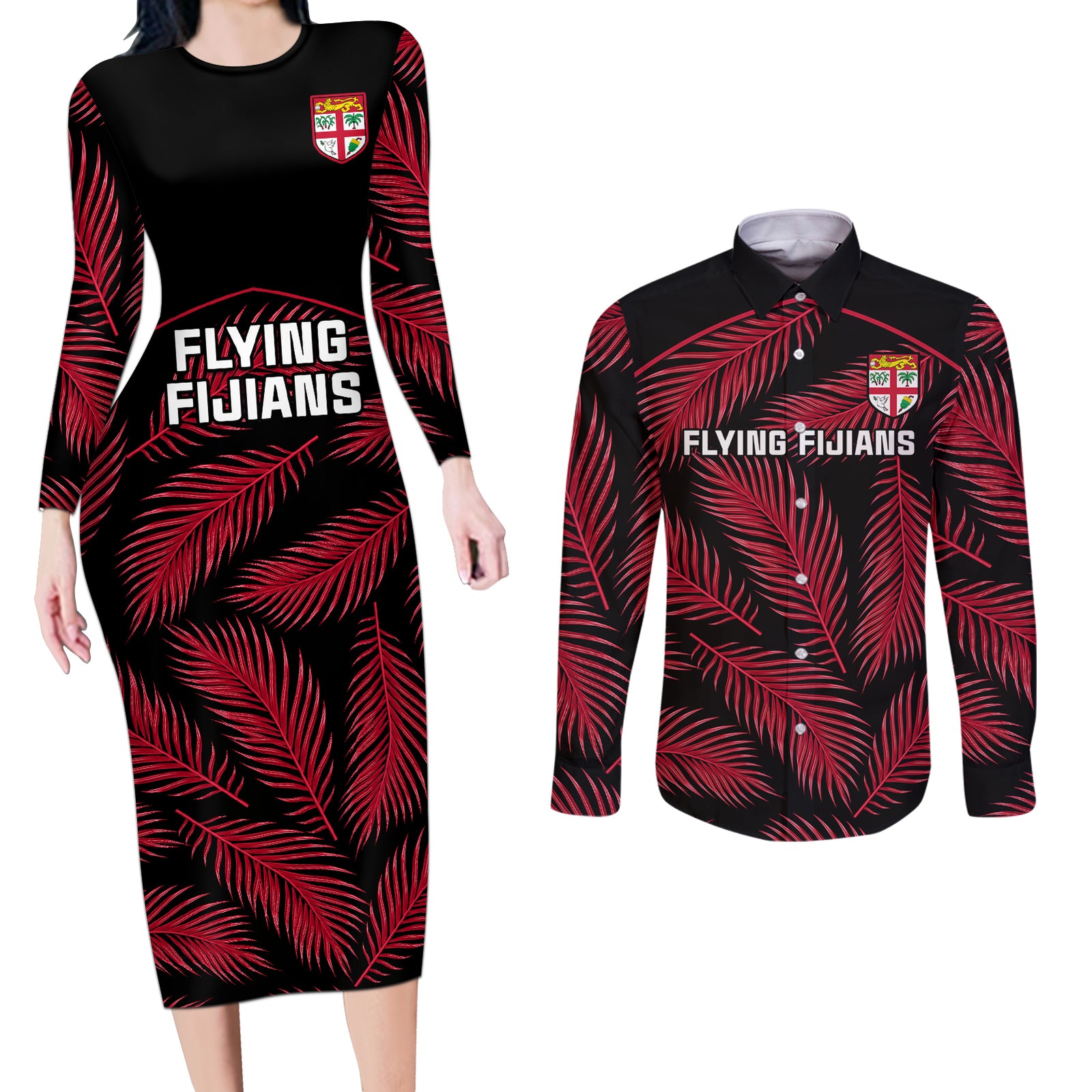 Custom Fiji Rugby Couples Matching Long Sleeve Bodycon Dress and Long Sleeve Button Shirts Flying Fijians Red Palm Tree Version LT01 Black - Polynesian Pride