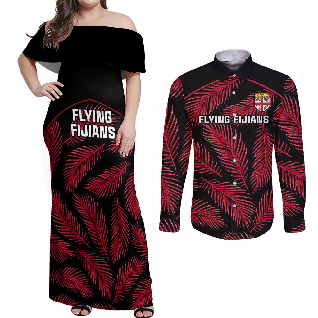 Custom Fiji Rugby Couples Matching Off Shoulder Maxi Dress and Long Sleeve Button Shirts Flying Fijians Red Palm Tree Version LT01 Black - Polynesian Pride