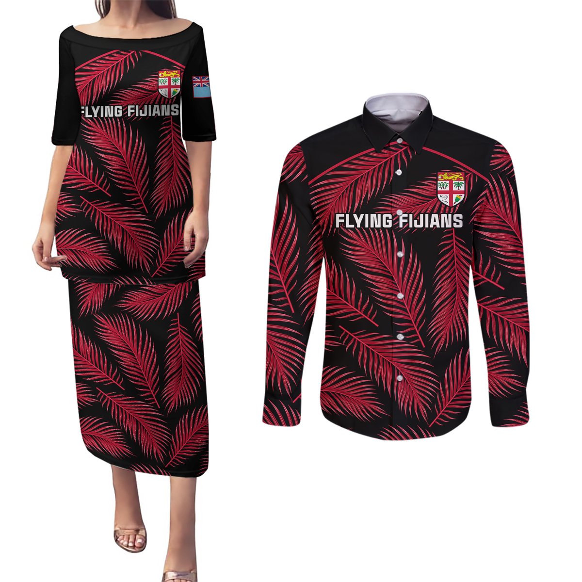 Custom Fiji Rugby Couples Matching Puletasi Dress and Long Sleeve Button Shirts Flying Fijians Red Palm Tree Version LT01 Black - Polynesian Pride