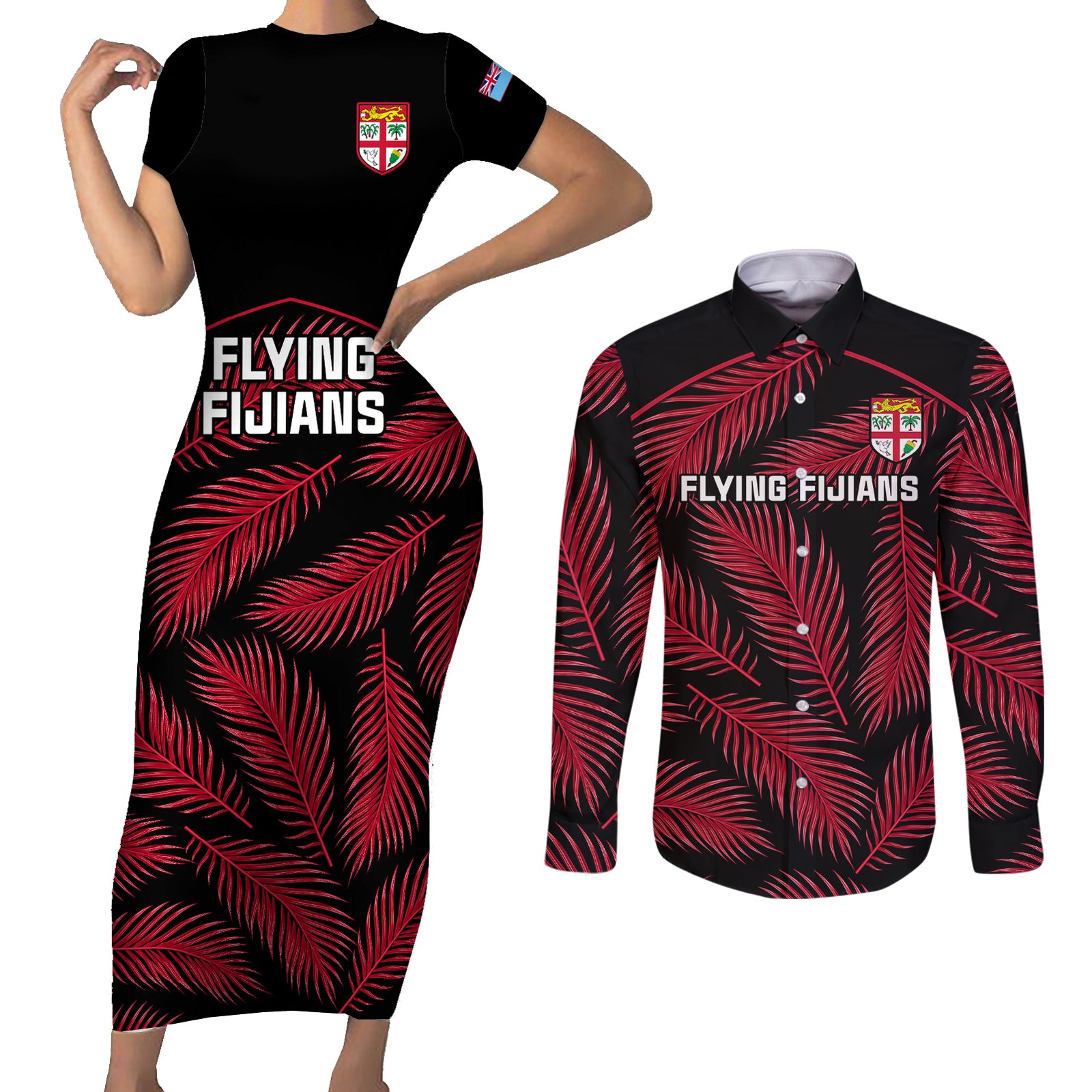 Custom Fiji Rugby Couples Matching Short Sleeve Bodycon Dress and Long Sleeve Button Shirts Flying Fijians Red Palm Tree Version LT01 Black - Polynesian Pride