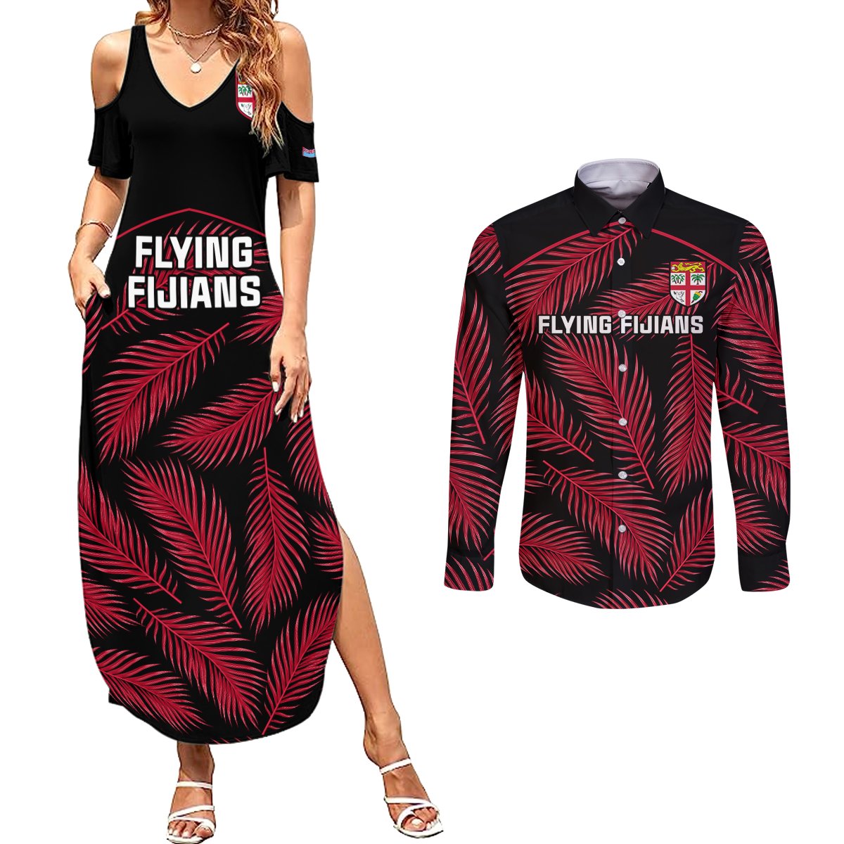 Custom Fiji Rugby Couples Matching Summer Maxi Dress and Long Sleeve Button Shirts Flying Fijians Red Palm Tree Version LT01 Black - Polynesian Pride