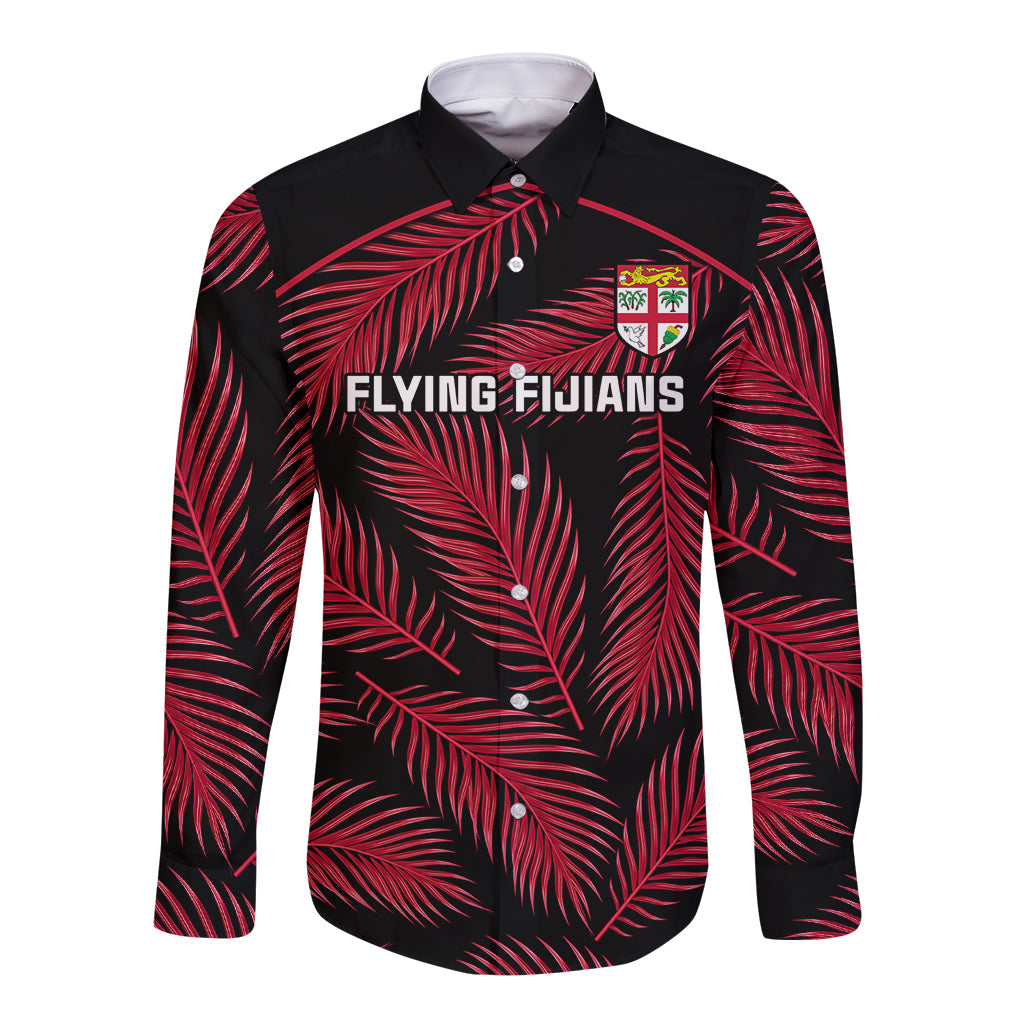 Custom Fiji Rugby Long Sleeve Button Shirt Flying Fijians Red Palm Tree Version LT01 Unisex Black - Polynesian Pride