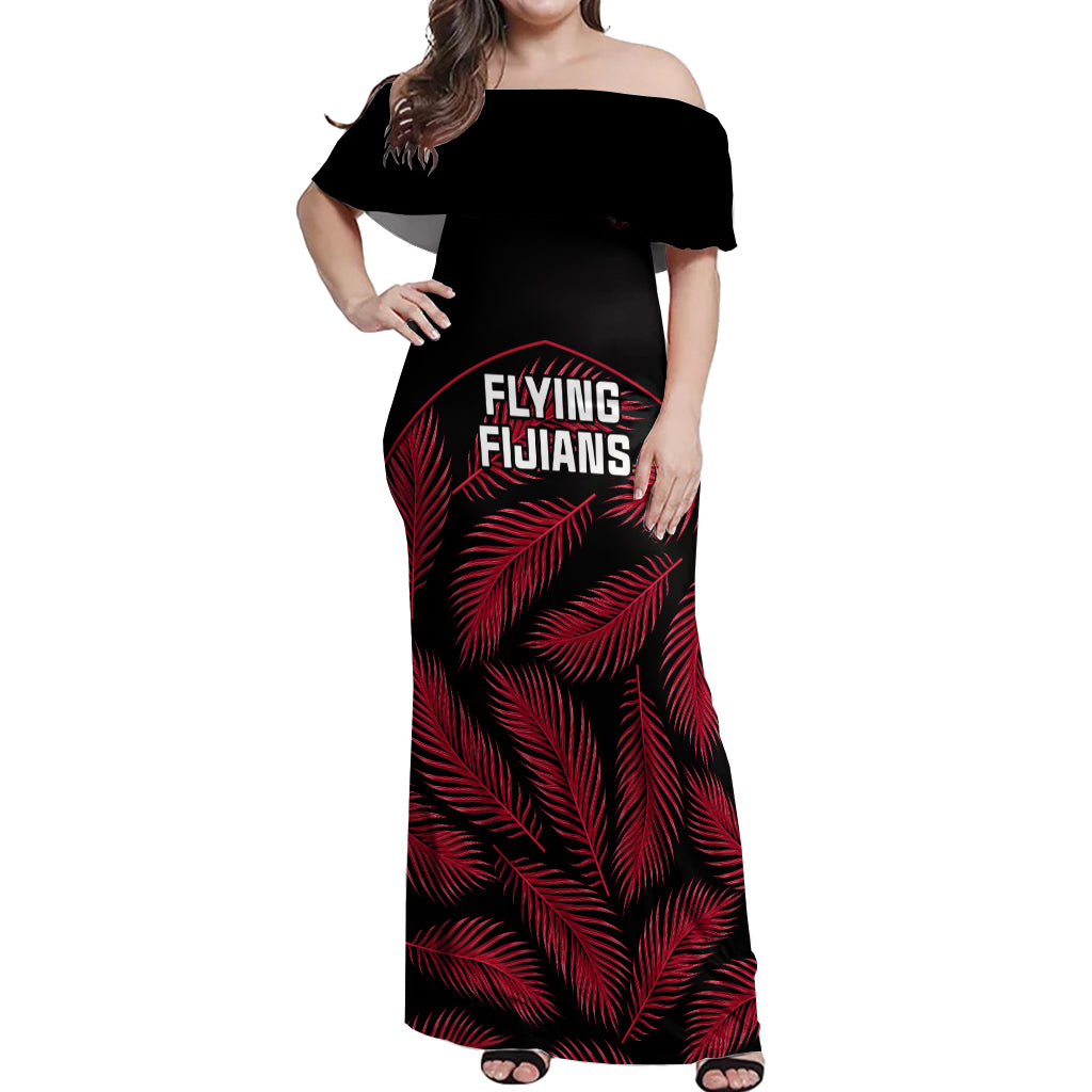 Custom Fiji Rugby Off Shoulder Maxi Dress Flying Fijians Red Palm Tree Version LT01 Women Black - Polynesian Pride