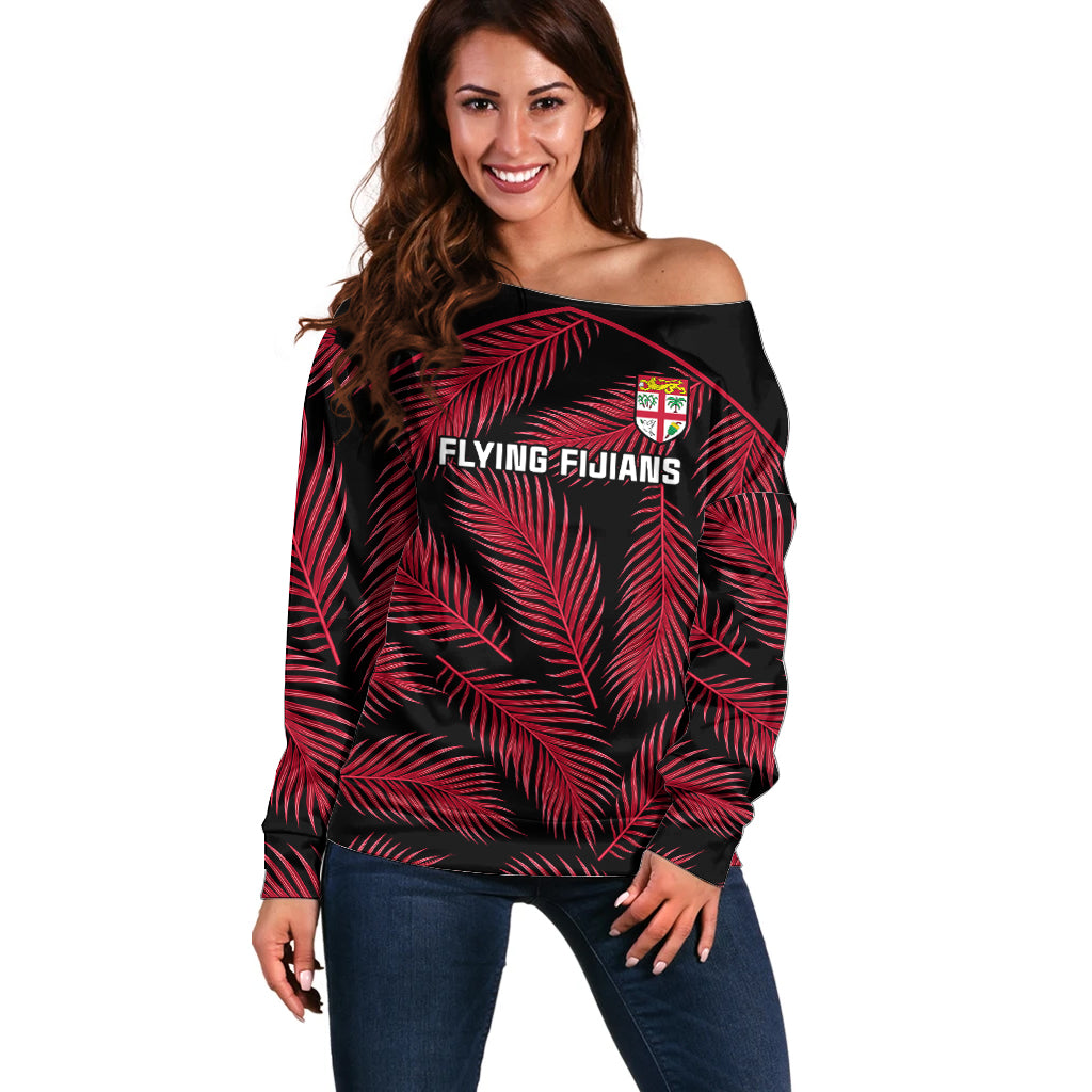 Custom Fiji Rugby Off Shoulder Sweater Flying Fijians Red Palm Tree Version LT01 Women Black - Polynesian Pride