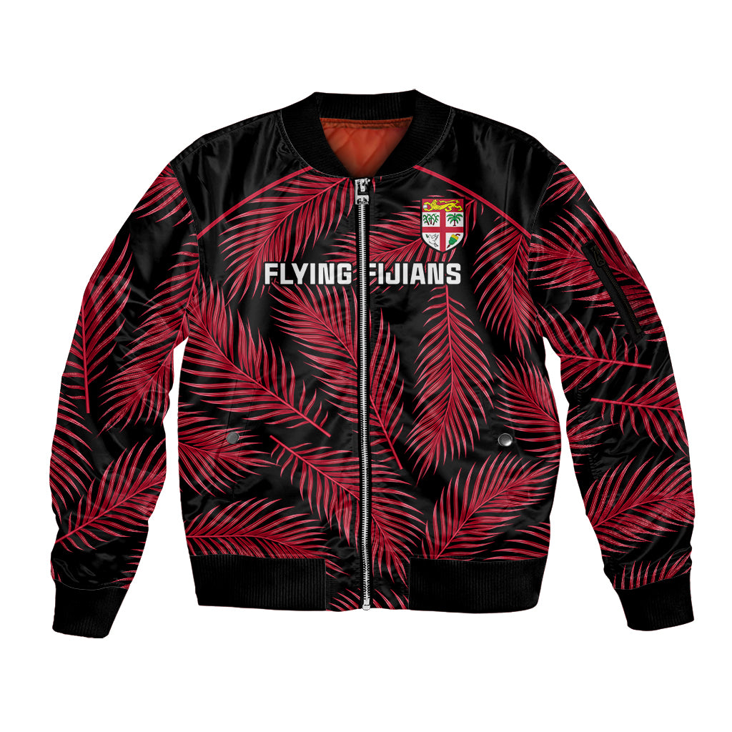 Custom Fiji Rugby Sleeve Zip Bomber Jacket Flying Fijians Red Palm Tree Version LT01 Unisex Black - Polynesian Pride