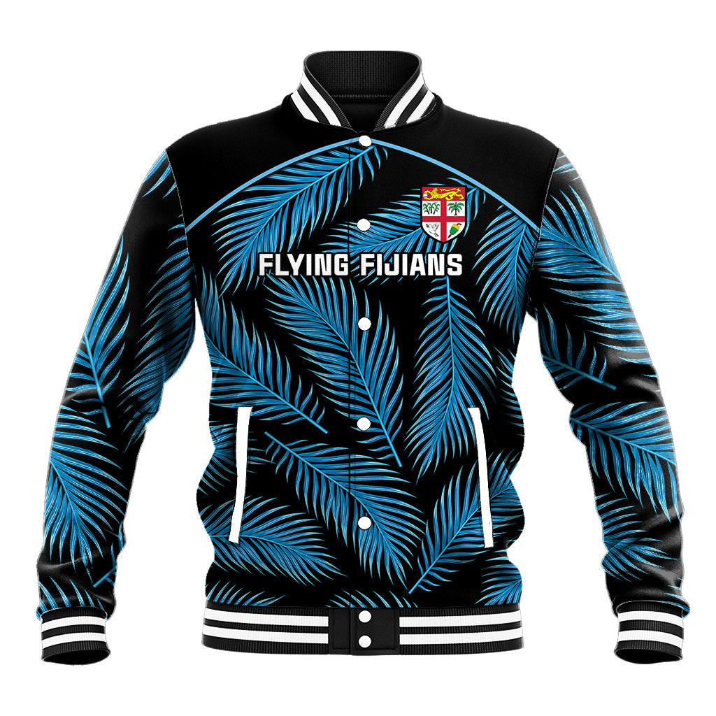 Fiji Rugby Baseball Jacket Flying Fijians Blue Palm Tree Version LT01 Unisex Black - Polynesian Pride