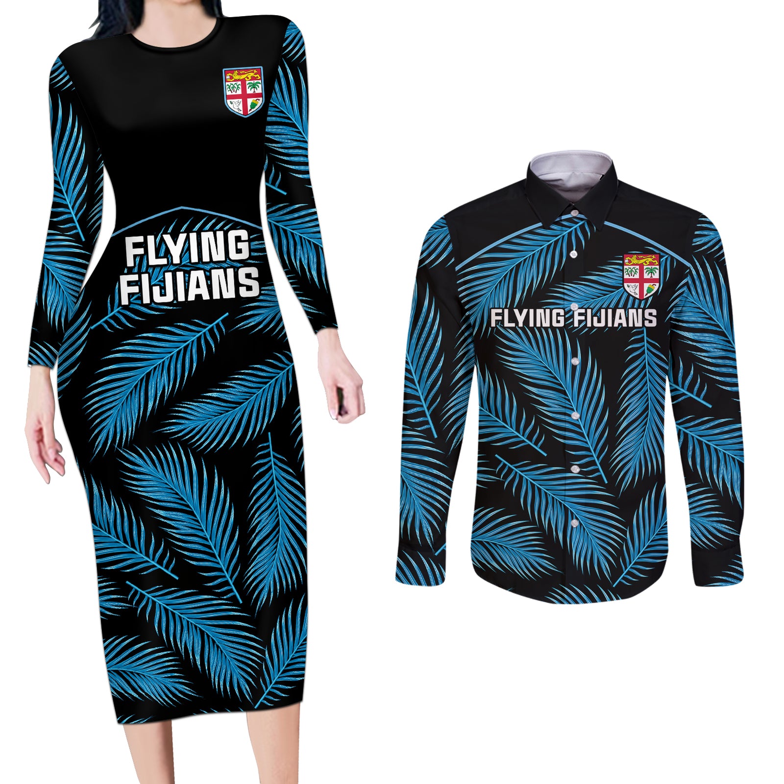 Fiji Rugby Couples Matching Long Sleeve Bodycon Dress and Long Sleeve Button Shirts Flying Fijians Blue Palm Tree Version LT01 Black - Polynesian Pride