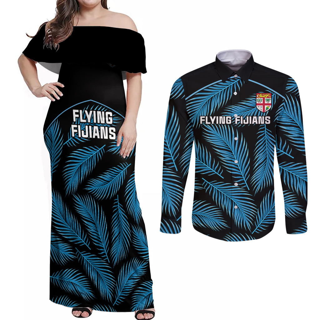 Fiji Rugby Couples Matching Off Shoulder Maxi Dress and Long Sleeve Button Shirts Flying Fijians Blue Palm Tree Version LT01 Black - Polynesian Pride