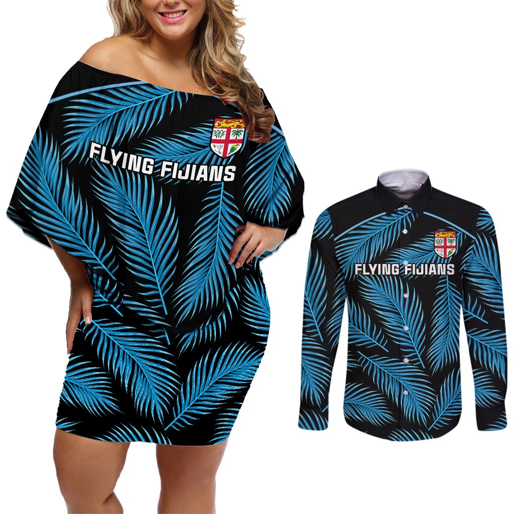 Fiji Rugby Couples Matching Off Shoulder Short Dress and Long Sleeve Button Shirts Flying Fijians Blue Palm Tree Version LT01 Black - Polynesian Pride