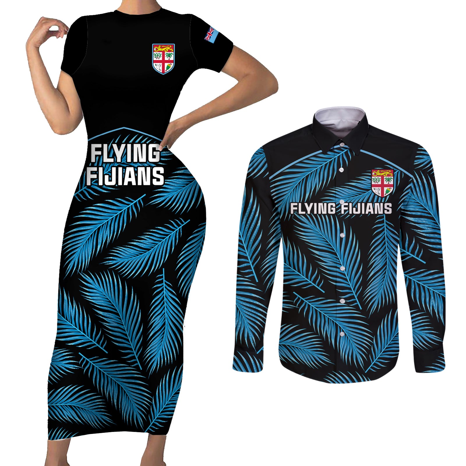 Fiji Rugby Couples Matching Short Sleeve Bodycon Dress and Long Sleeve Button Shirts Flying Fijians Blue Palm Tree Version LT01 Black - Polynesian Pride