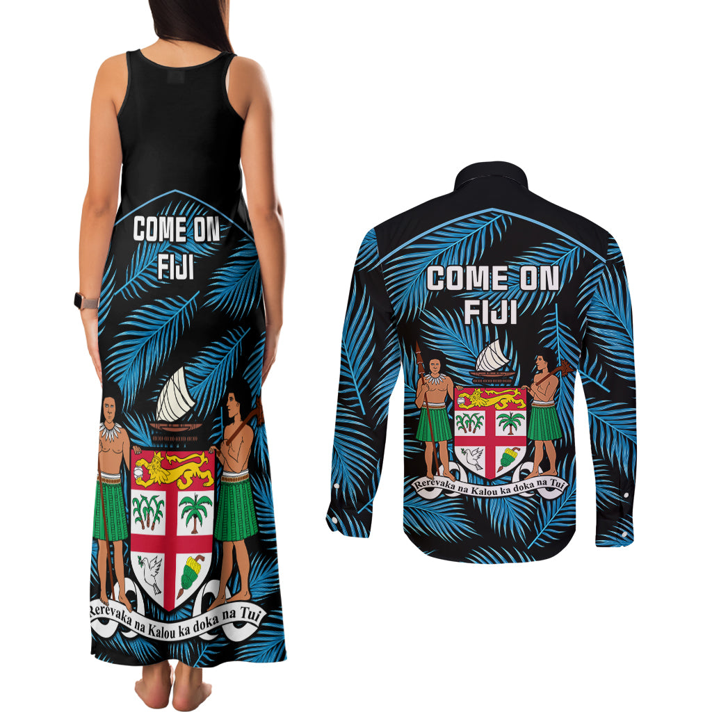 fiji-rugby-couples-matching-tank-maxi-dress-and-long-sleeve-button-shirts-flying-fijians-blue-palm-tree-version