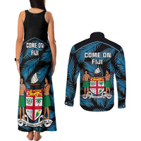 fiji-rugby-couples-matching-tank-maxi-dress-and-long-sleeve-button-shirts-flying-fijians-blue-palm-tree-version