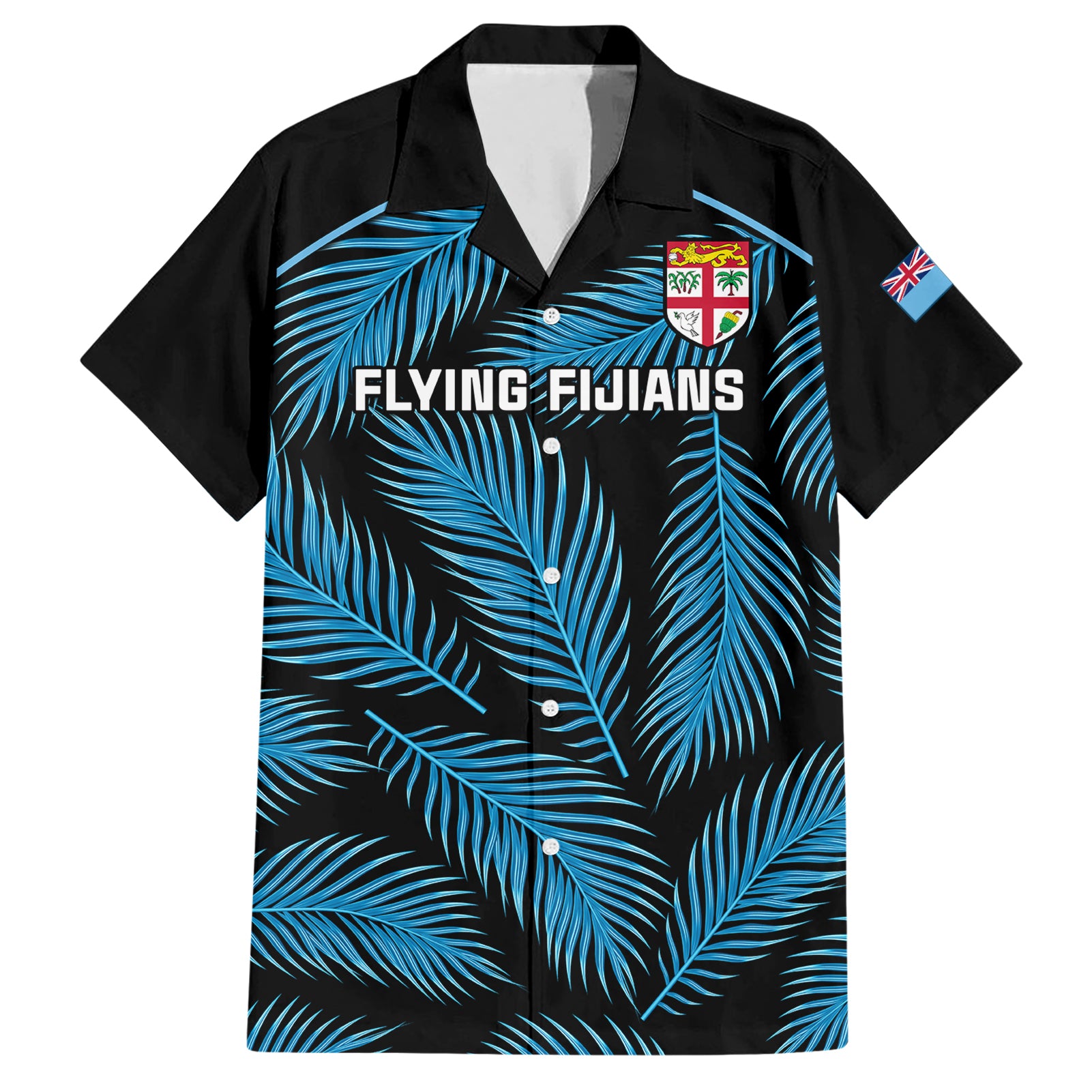 Fiji Rugby Hawaiian Shirt Flying Fijians Blue Palm Tree Version LT01 Black - Polynesian Pride