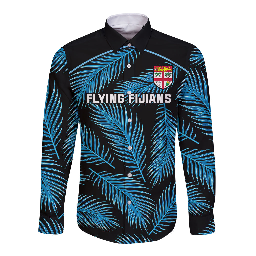 Fiji Rugby Long Sleeve Button Shirt Flying Fijians Blue Palm Tree Version LT01 Unisex Black - Polynesian Pride
