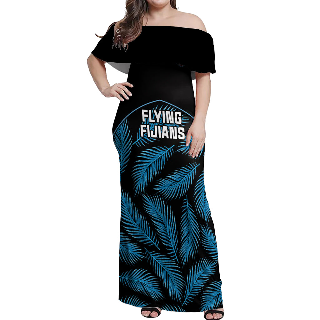 Fiji Rugby Off Shoulder Maxi Dress Flying Fijians Blue Palm Tree Version LT01 Women Black - Polynesian Pride