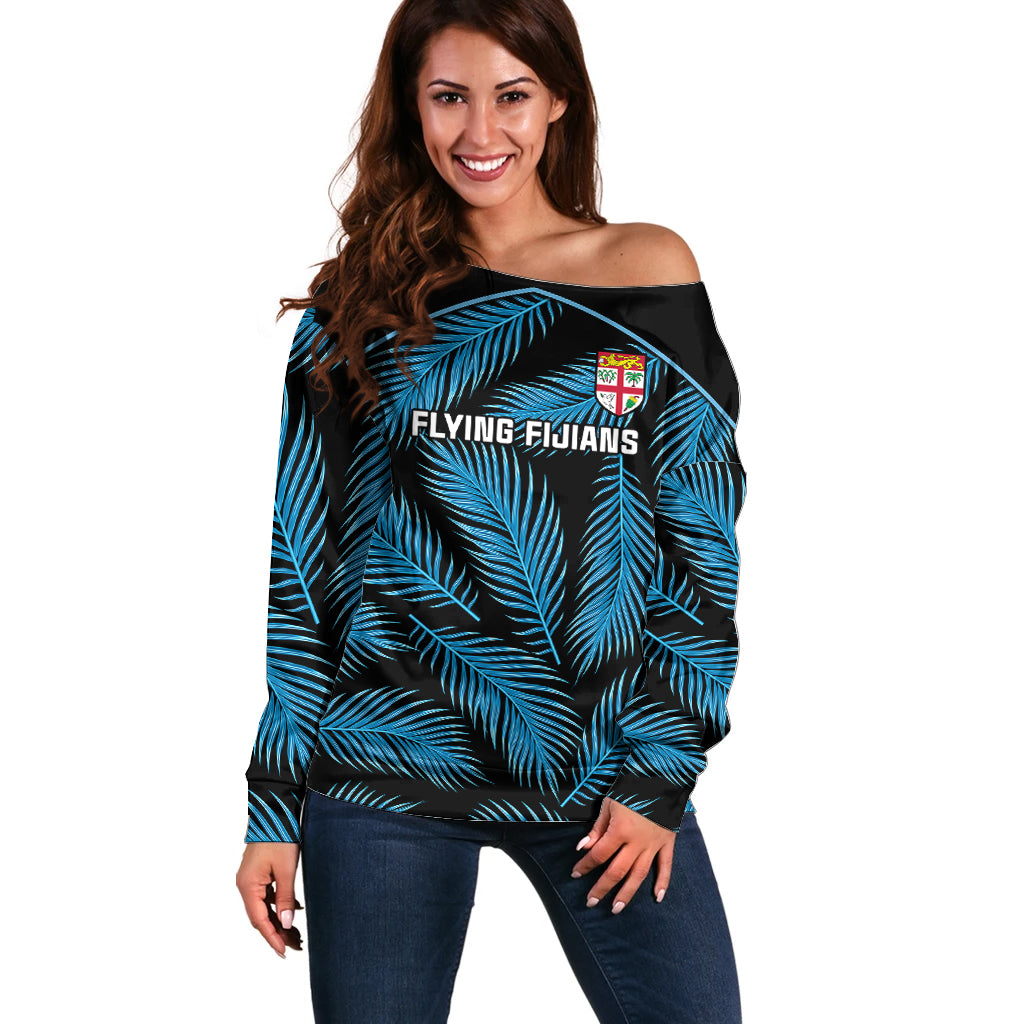 Fiji Rugby Off Shoulder Sweater Flying Fijians Blue Palm Tree Version LT01 Women Black - Polynesian Pride