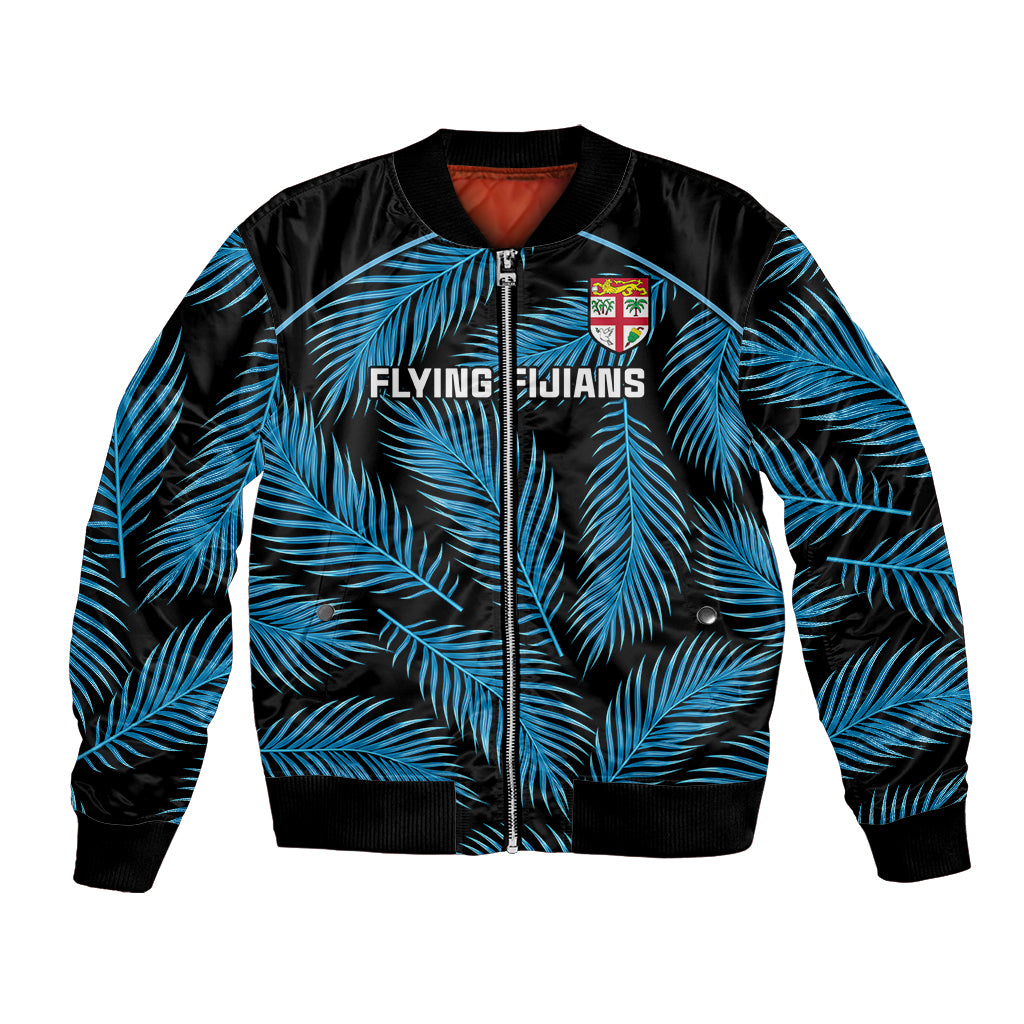 Custom Fiji Rugby Bomber Jacket Flying Fijians Blue Palm Tree Version LT01 Unisex Black - Polynesian Pride