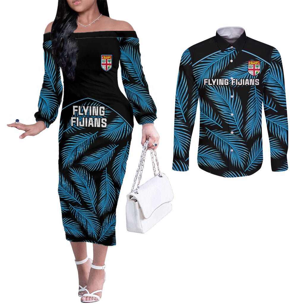 Custom Fiji Rugby Couples Matching Off The Shoulder Long Sleeve Dress and Long Sleeve Button Shirts Flying Fijians Blue Palm Tree Version LT01 Black - Polynesian Pride