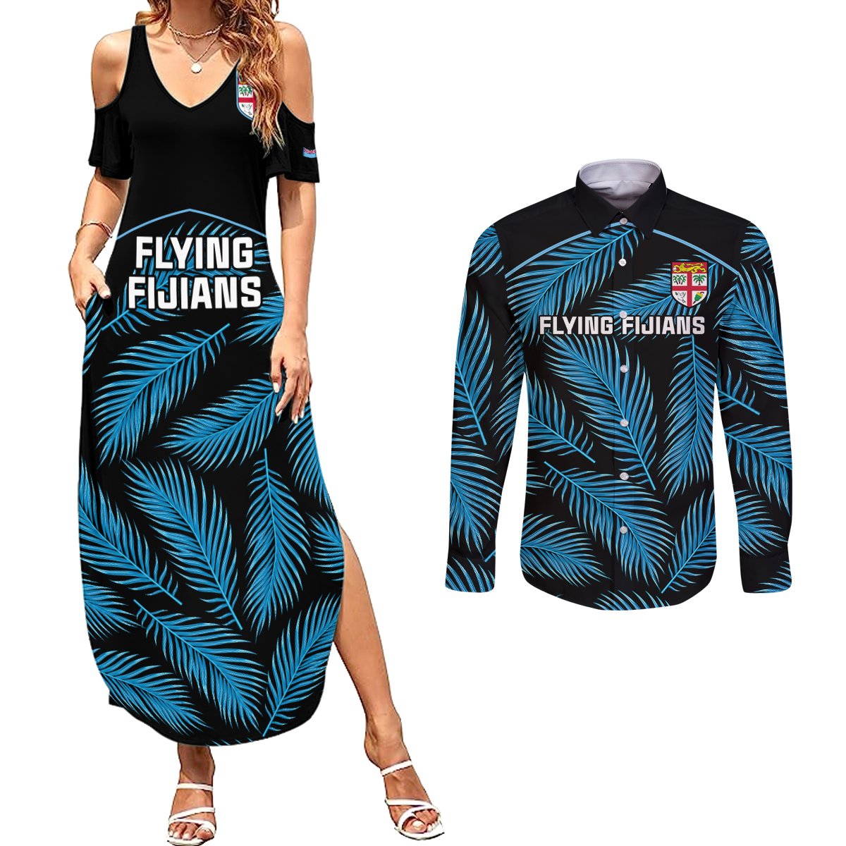 Custom Fiji Rugby Couples Matching Summer Maxi Dress and Long Sleeve Button Shirts Flying Fijians Blue Palm Tree Version LT01 Black - Polynesian Pride