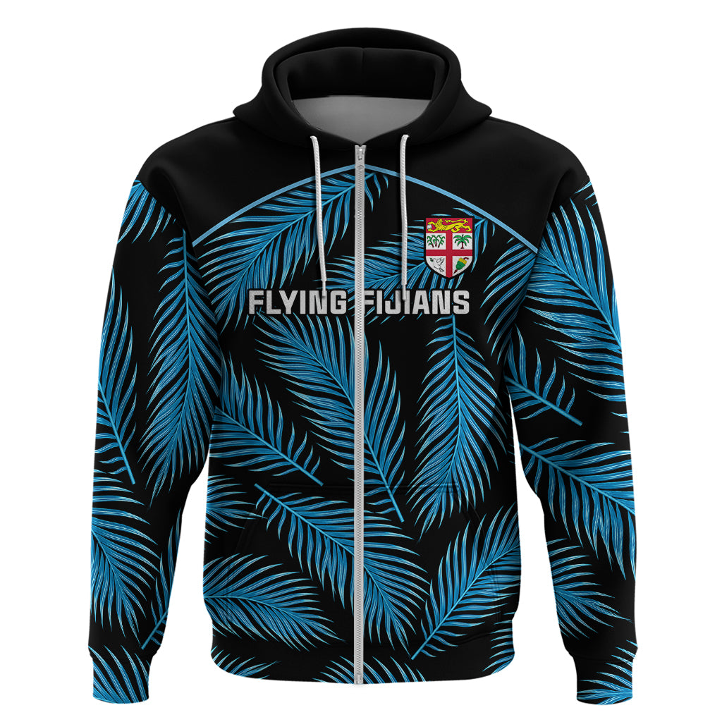 Custom Fiji Rugby Hoodie Flying Fijians Blue Palm Tree Version LT01 Zip Hoodie Black - Polynesian Pride