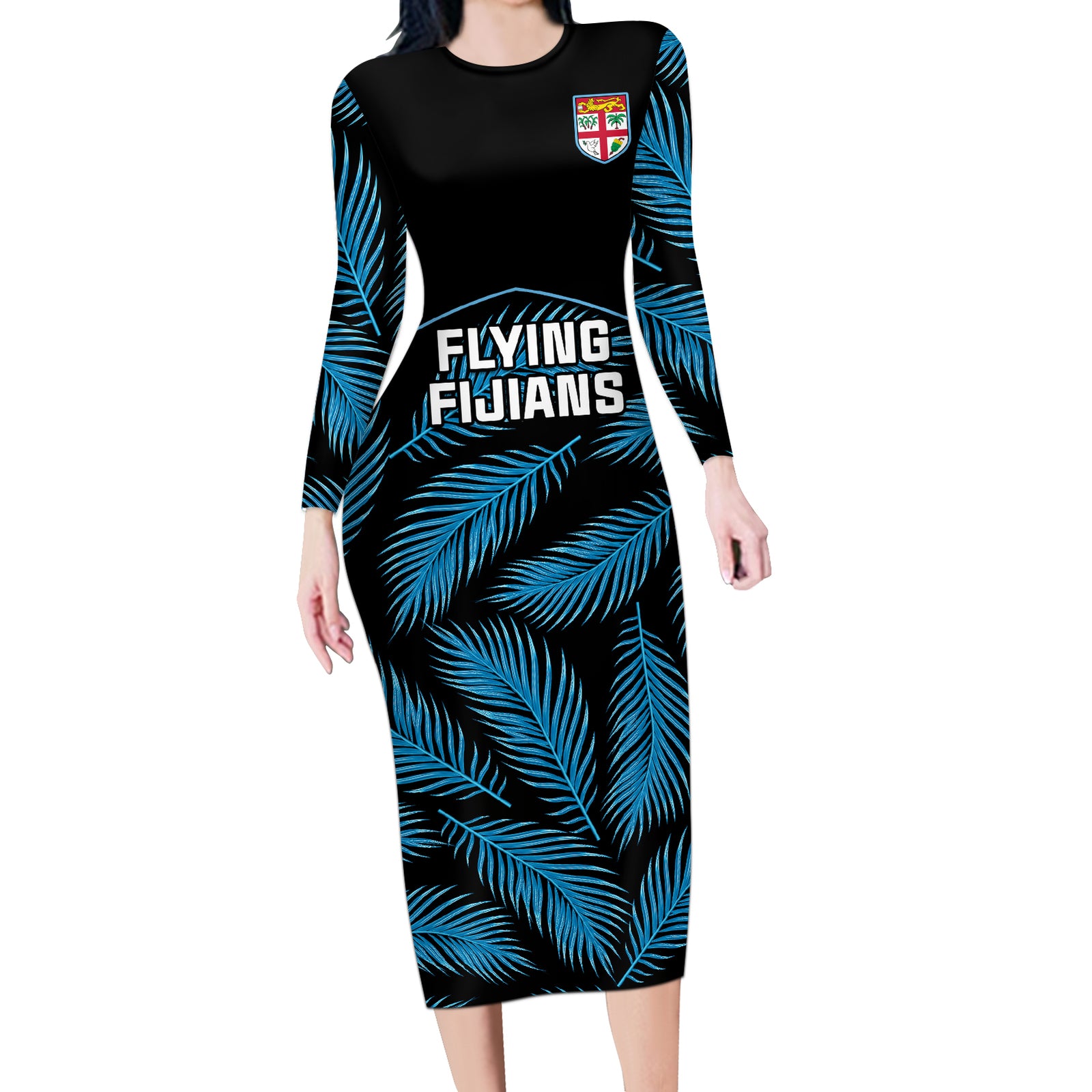 Custom Fiji Rugby Long Sleeve Bodycon Dress Flying Fijians Blue Palm Tree Version LT01 Long Dress Black - Polynesian Pride