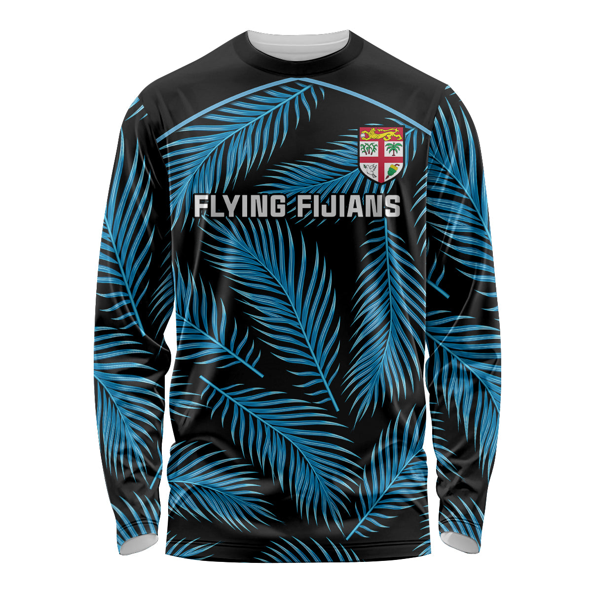 Custom Fiji Rugby Long Sleeve Shirt Flying Fijians Blue Palm Tree Version LT01 Unisex Black - Polynesian Pride