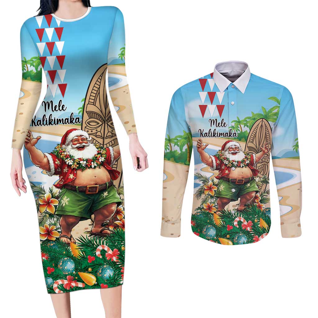 Hawaii Christmas Santa Claus Couples Matching Long Sleeve Bodycon Dress and Long Sleeve Button Shirt Mele Kalikimaka Tropical Beach LT01 Art - Polynesian Pride
