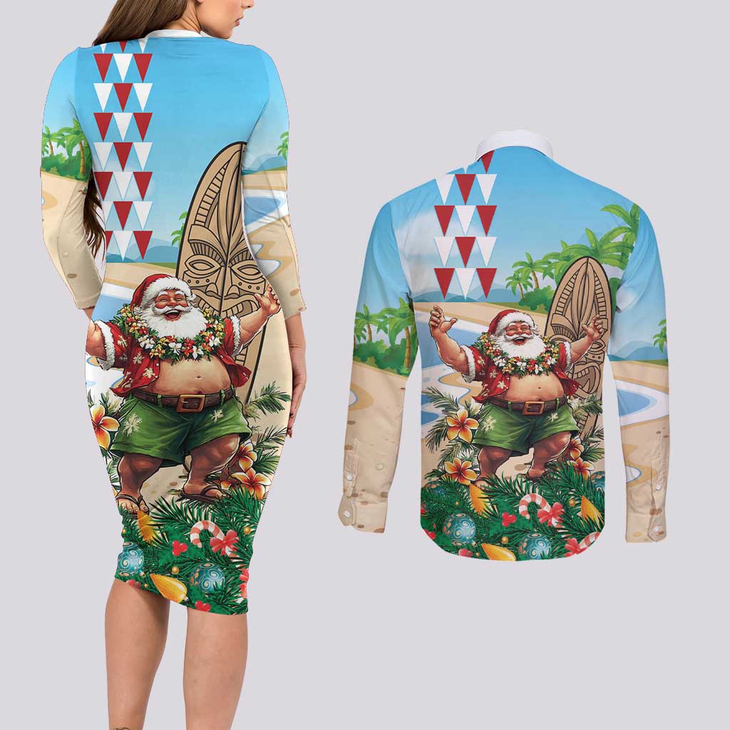 Hawaii Christmas Santa Claus Couples Matching Long Sleeve Bodycon Dress and Long Sleeve Button Shirt Mele Kalikimaka Tropical Beach LT01 - Polynesian Pride