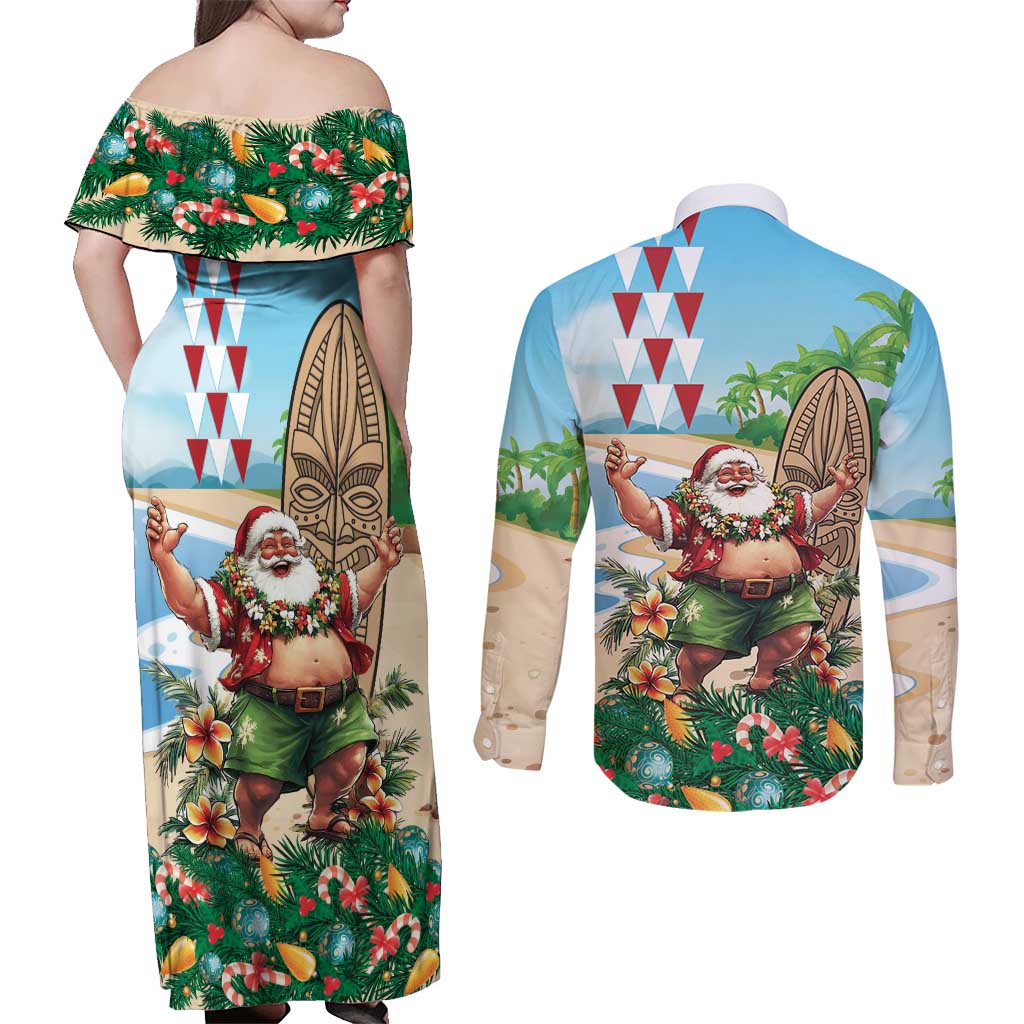 Hawaii Christmas Santa Claus Couples Matching Off Shoulder Maxi Dress and Long Sleeve Button Shirt Mele Kalikimaka Tropical Beach