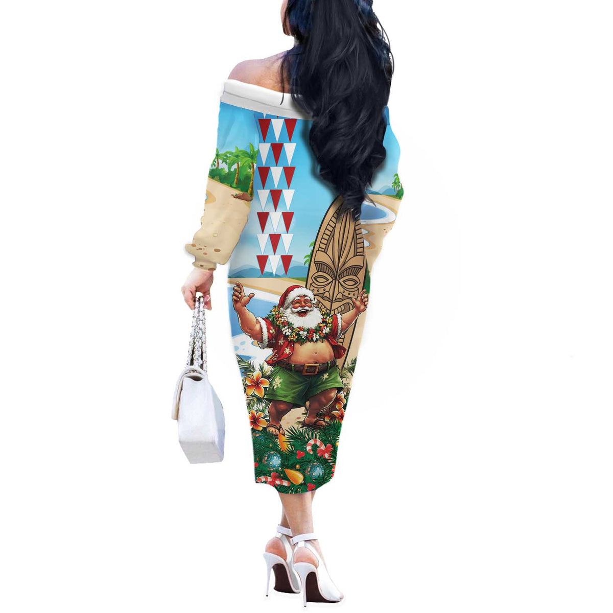 Hawaii Christmas Santa Claus Off The Shoulder Long Sleeve Dress Mele Kalikimaka Tropical Beach