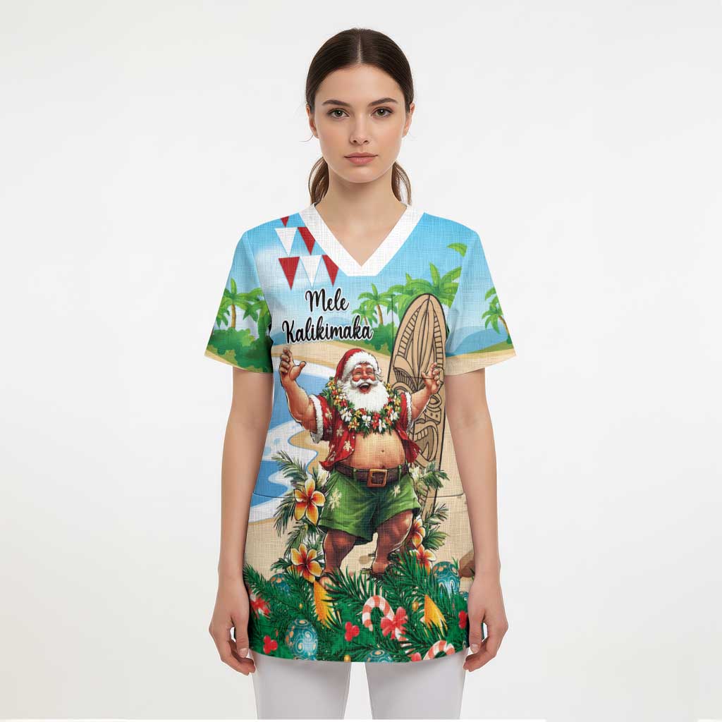 Hawaii Christmas Santa Claus Scrub Top Mele Kalikimaka Tropical Beach - Polynesian Pride