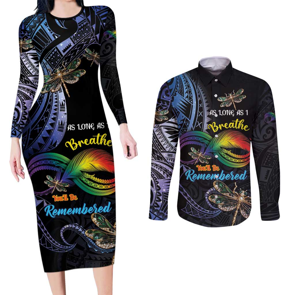 Personalised Polynesian Memorial Couples Matching Long Sleeve Bodycon Dress and Long Sleeve Button Shirt As Long As I Breathe You'll Be Remembered