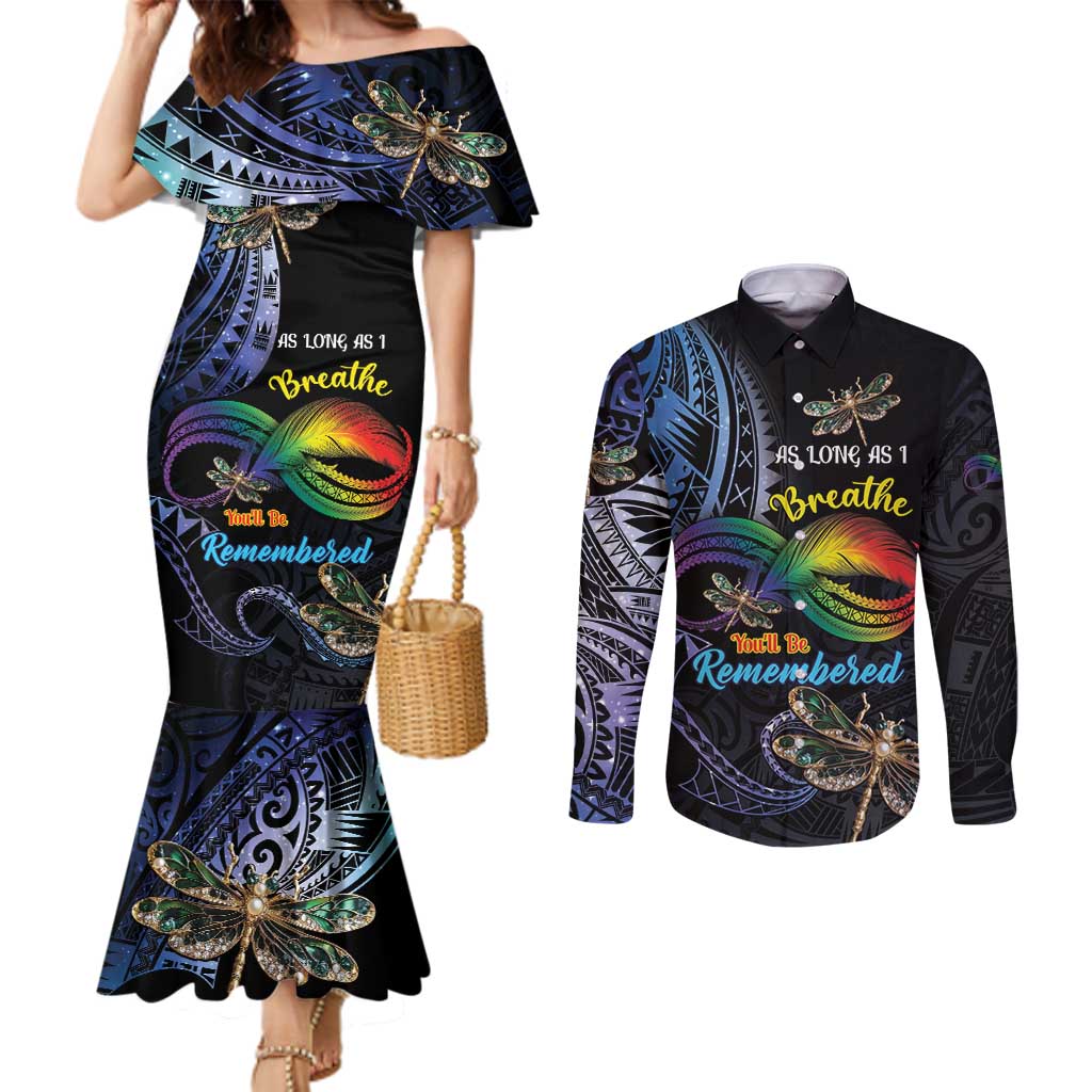 Personalised Polynesian Memorial Couples Matching Mermaid Dress and Long Sleeve Button Shirt As Long As I Breathe You'll Be Remembered